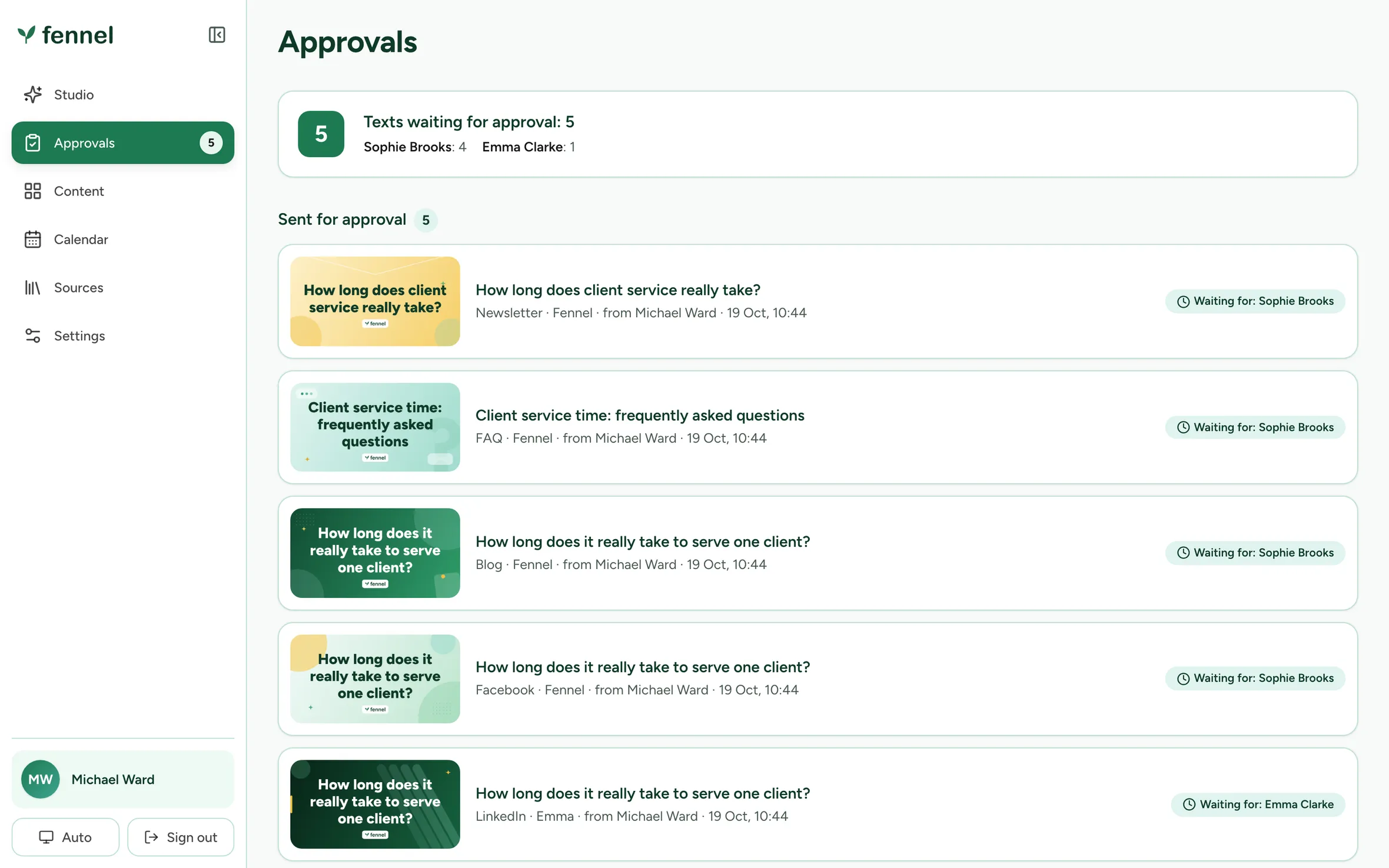 The Approvals page listing five texts waiting for approval, each with its cover, its format and the name of the person who has to approve it