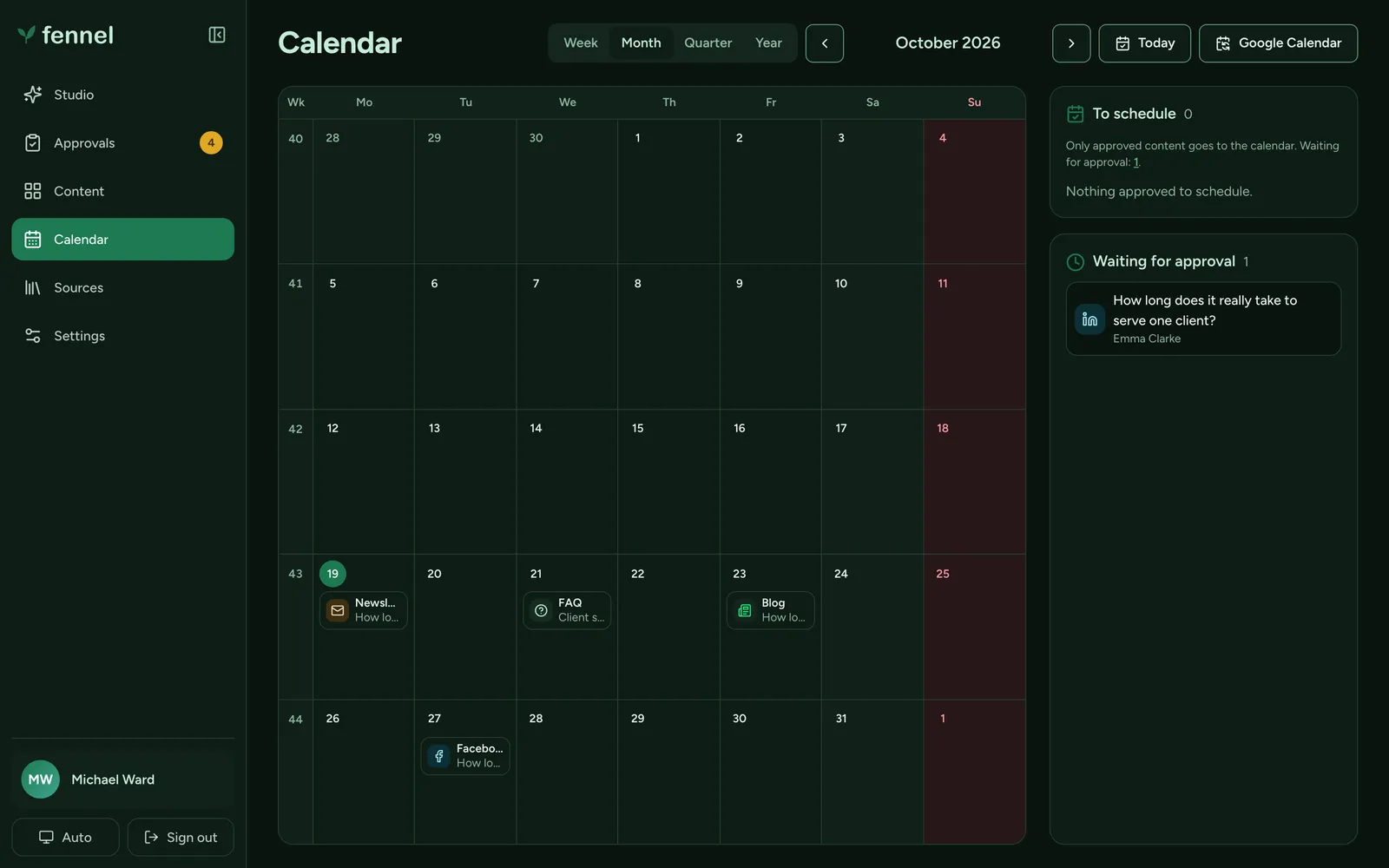The calendar in month view with approved newsletter, FAQ, blog and Facebook items on their planned days and one LinkedIn text still waiting for approval in the panel on the right (dark theme)