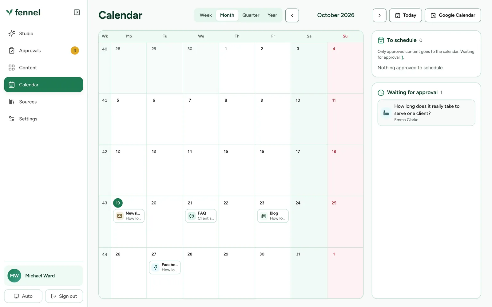 The calendar in month view with approved newsletter, FAQ, blog and Facebook items on their planned days and one LinkedIn text still waiting for approval in the panel on the right