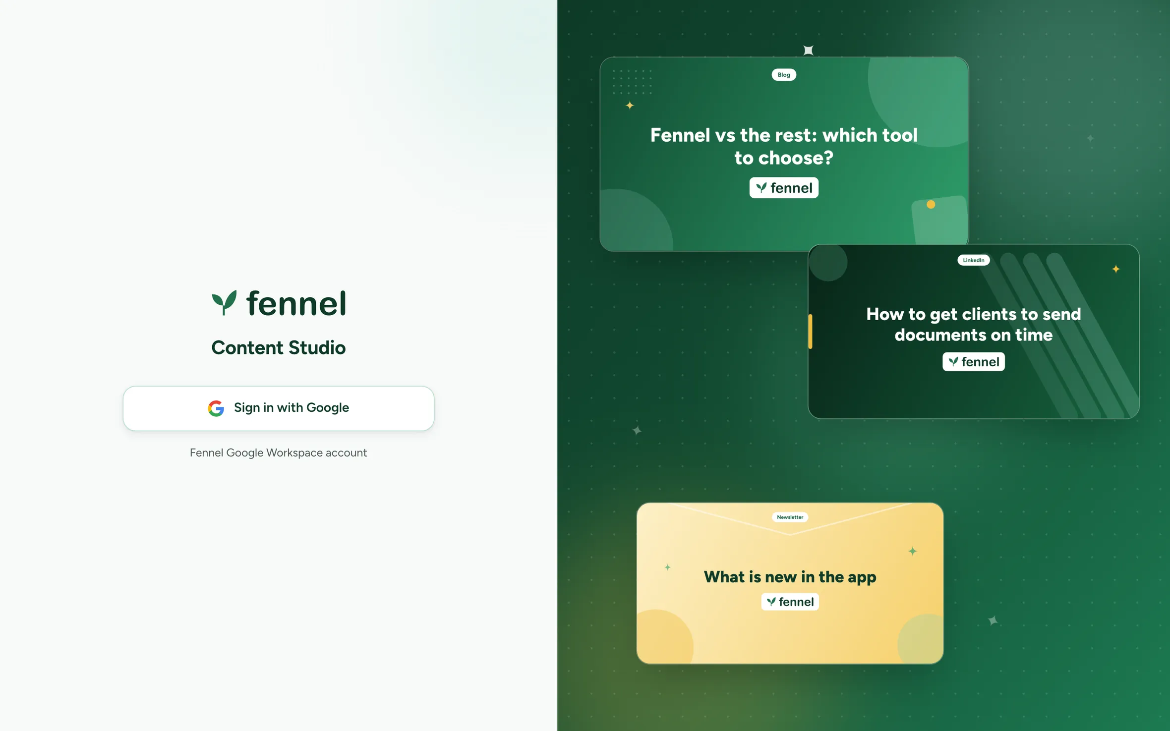 The sign-in screen with a single Sign in with Google button on the left and three sample content covers on a green panel on the right