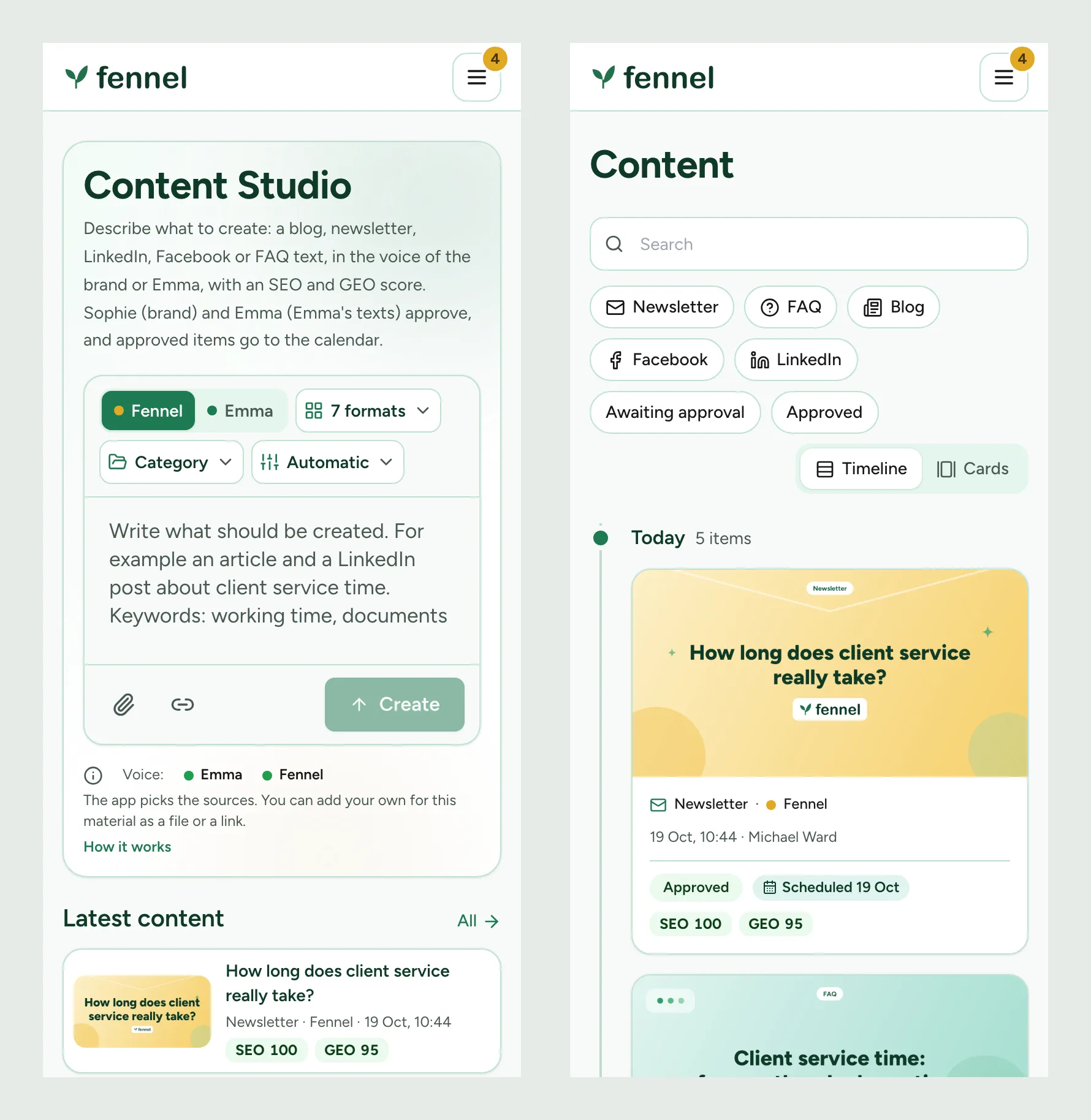Two phone screens of the app: the Studio with its prompt field, and the Content list with filters and SEO and GEO scores on each card