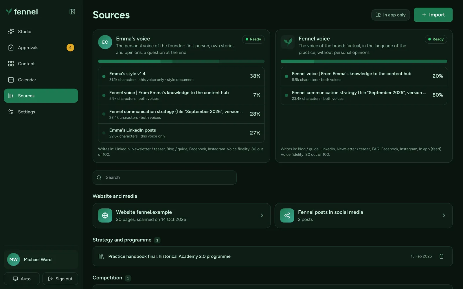 The Sources page with two voice cards, each listing its base sources and the percentage share each one has in that voice (dark theme)