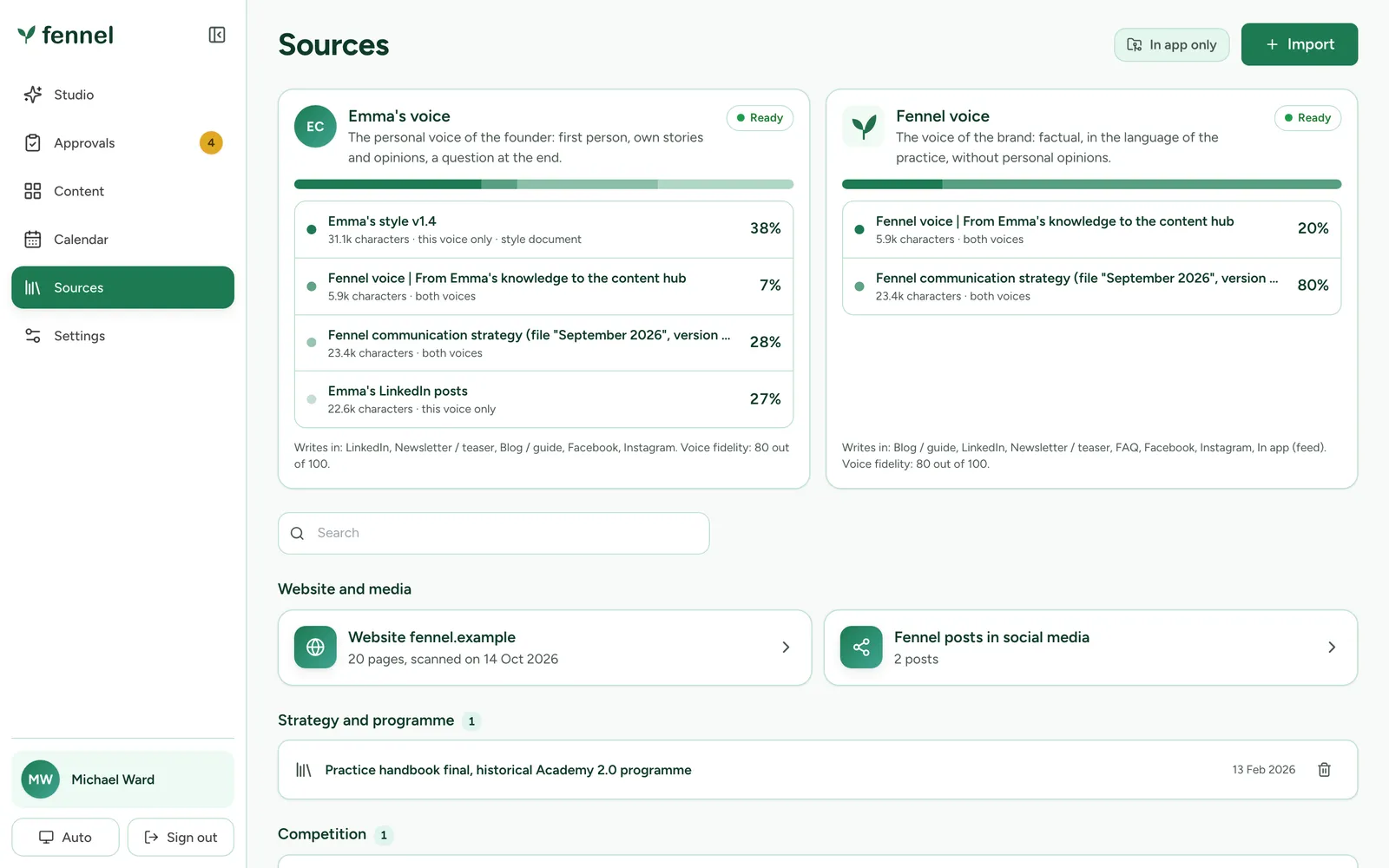 The Sources page with two voice cards, each listing its base sources and the percentage share each one has in that voice