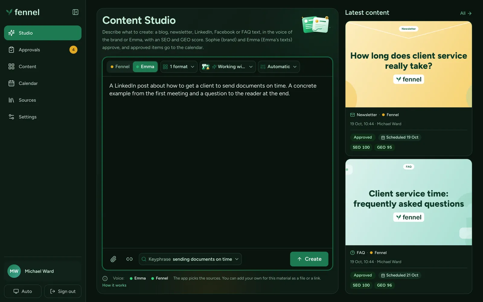 The Studio screen: one prompt field with voice and format controls, a keyphrase picked from the request, and the latest content with SEO and GEO scores on the right (dark theme)