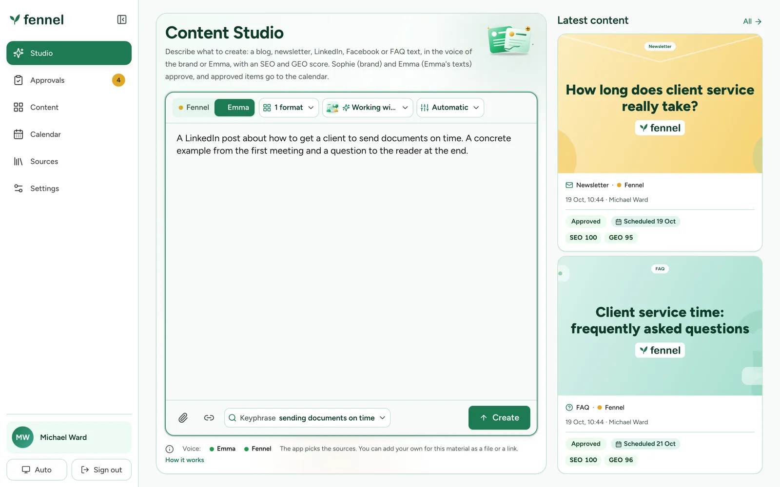 The Studio screen: one prompt field with voice and format controls, a keyphrase picked from the request, and the latest content with SEO and GEO scores on the right