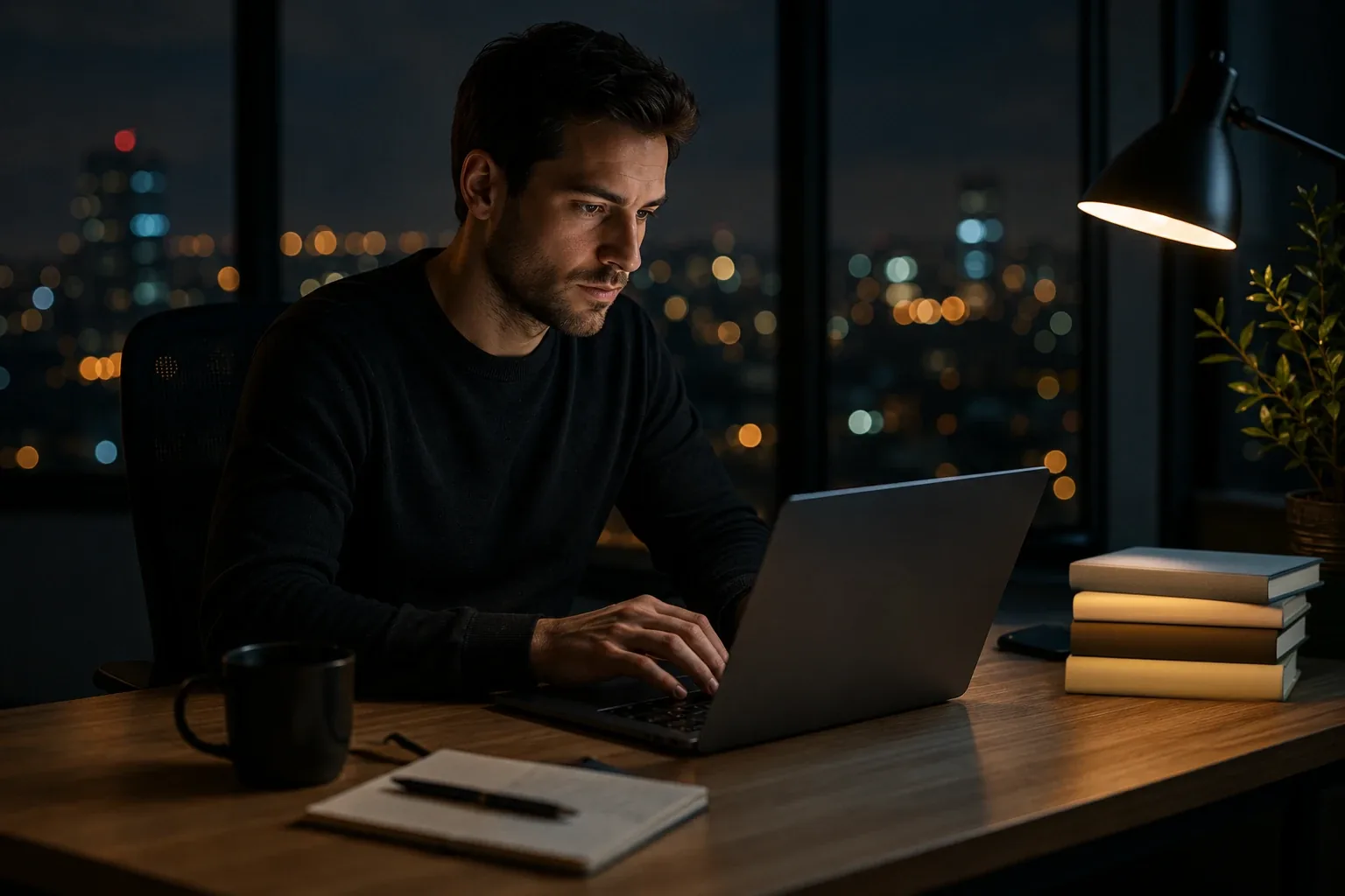 Operatore al lavoro a tarda sera a una scrivania con portatile, quaderno e un piccolo scaffale di libri, luci della città dietro la finestra
