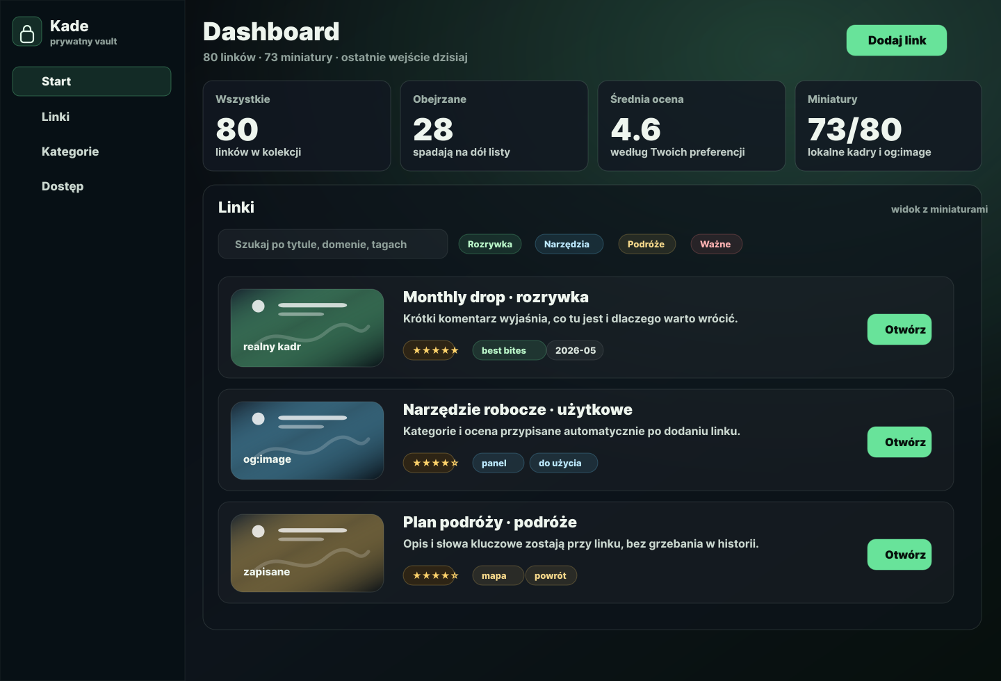 Kade link vault dashboard showing saved links with context notes
